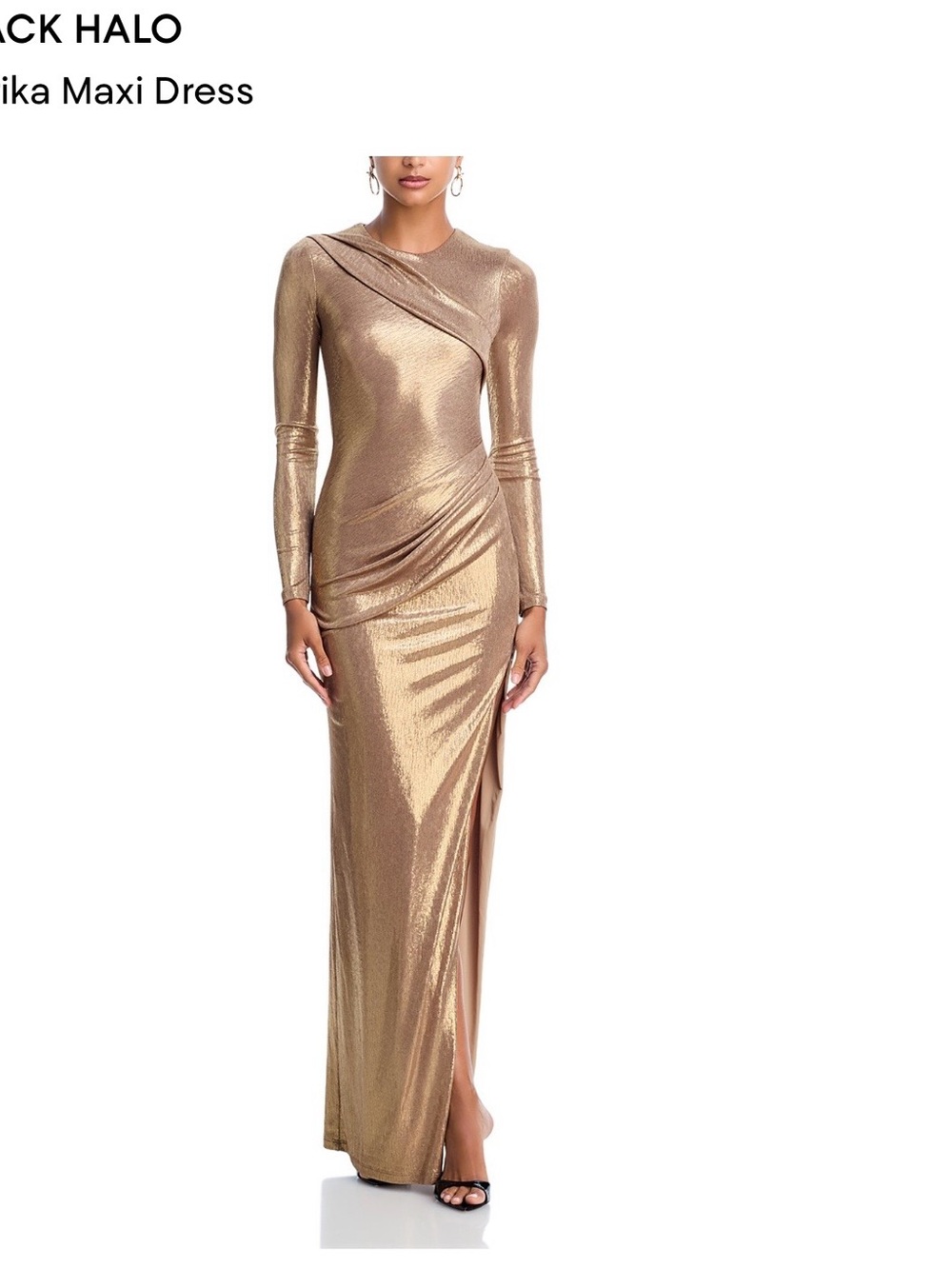 Black Halo Gold Metallic Long-Sleeve Draped Maxi Dress